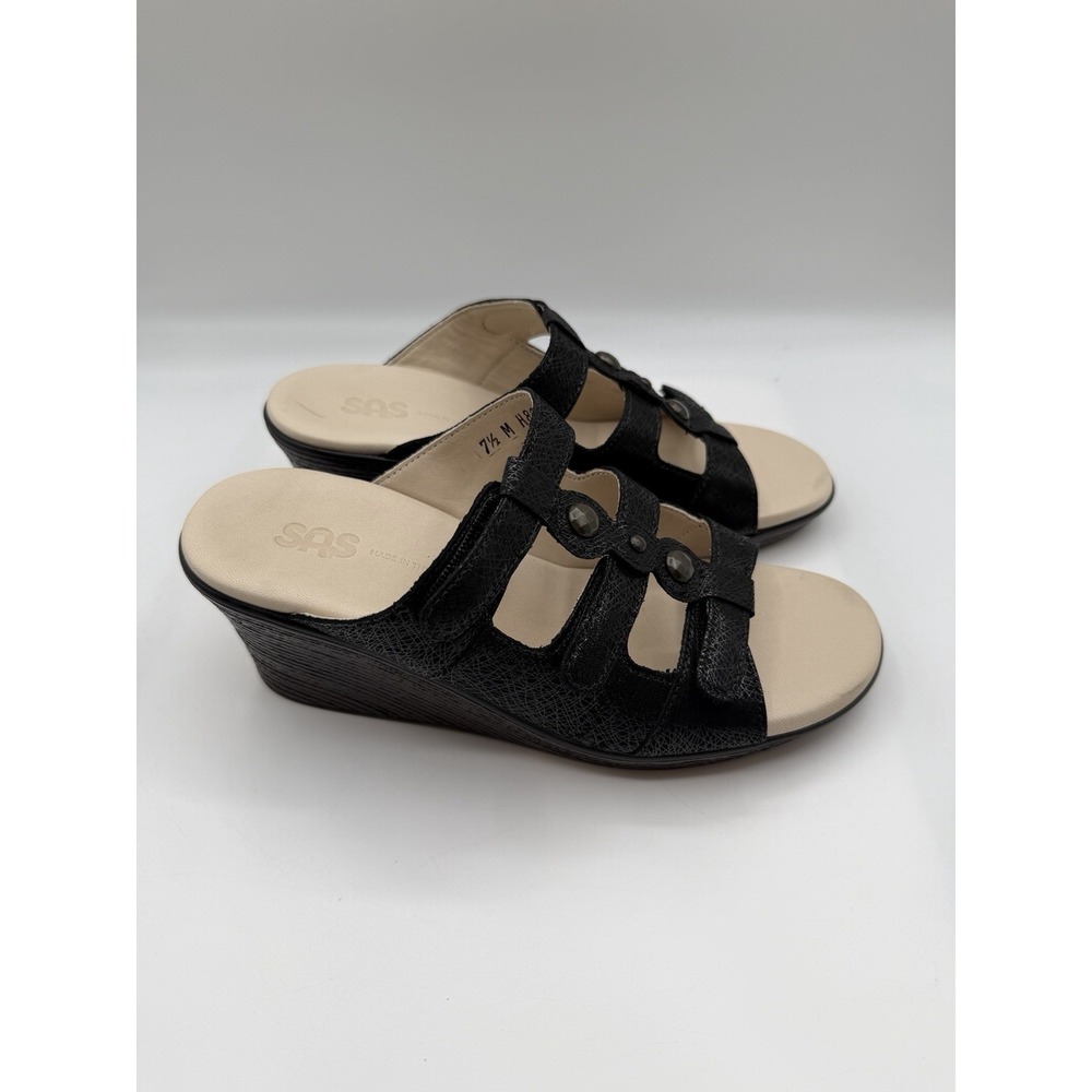 SAS Ginger Wedge Sandal,Women's 7.5 M,Black Leather Adjustable Straps,NEW/DEFCTS - Picture 5 of 16